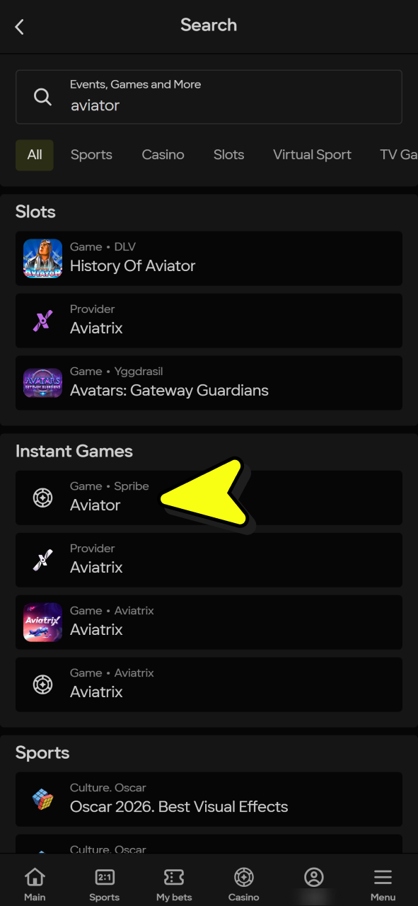 Search for Aviator at Parimatch casino.