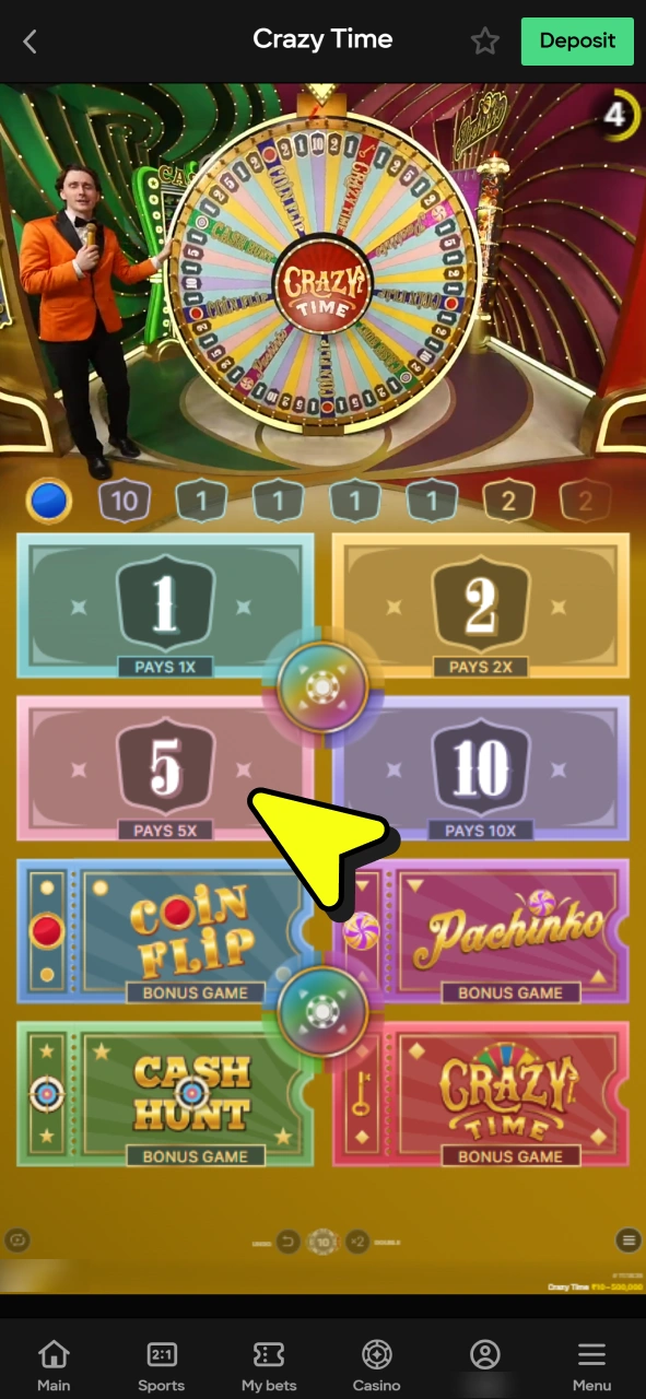 Select your bet type to start playing Crazy Time at Parimatch.