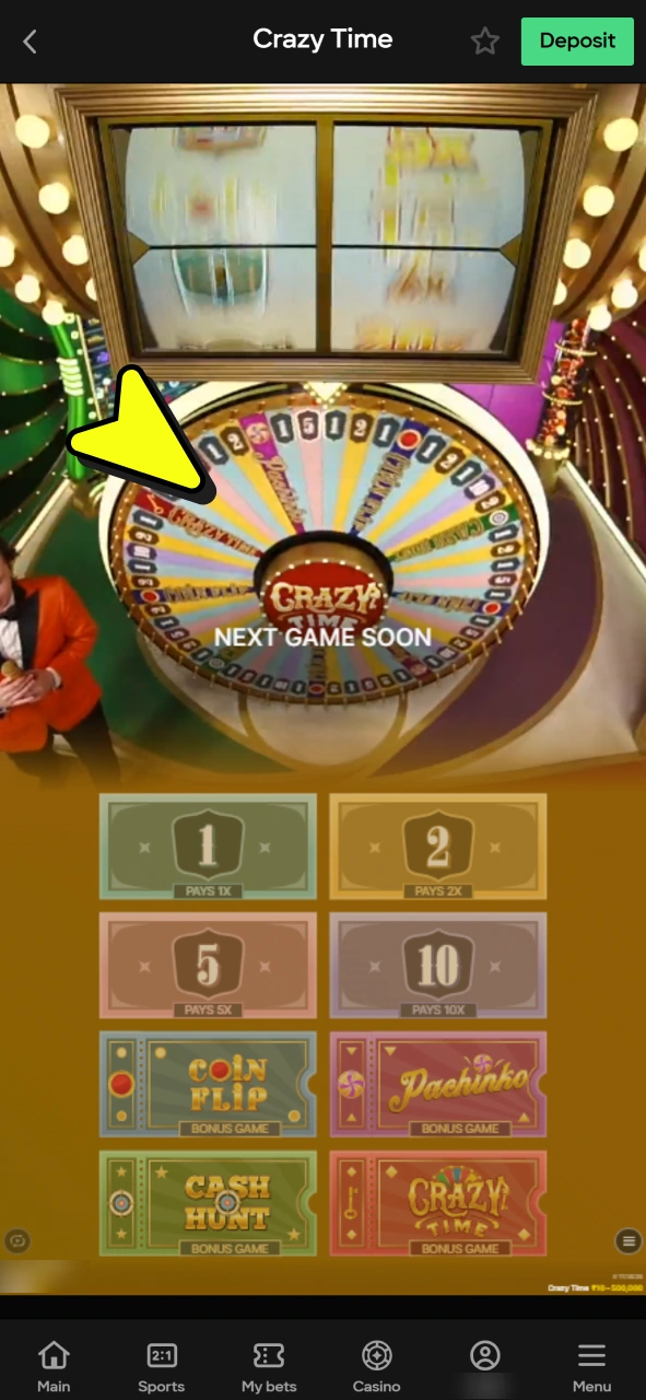 Wait for wheel to spin for round results at Parimatch Crazy Time.