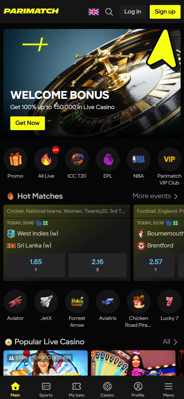 Tap on sign up button to create an account to play Crazy Time at Parimatch.