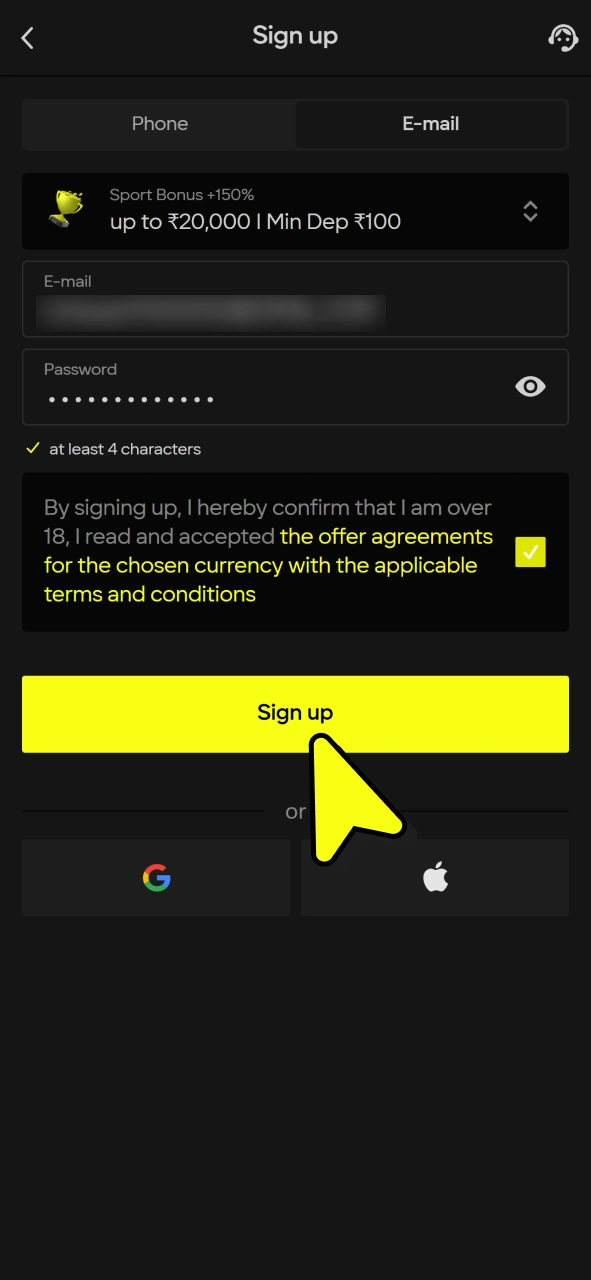Finish registration by pressing this button and start betting on favourite football tournaments.