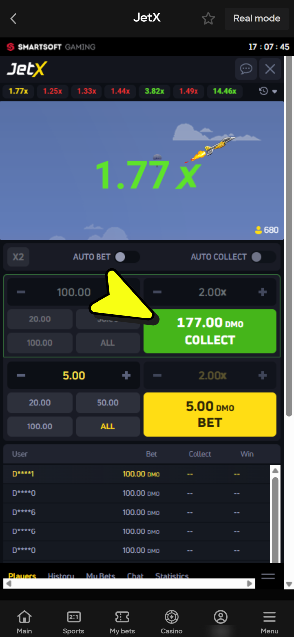 Cash out your bet anytime during Parimatch JetX flight.