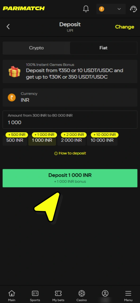 Click deposit button and proceed payment for your Parimatch deposit.