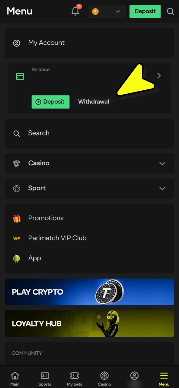 Click on withdrawal button at your Paripesa profile page.
